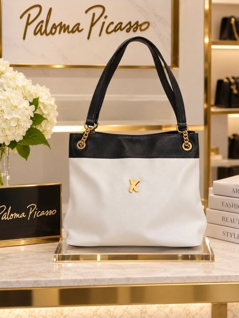 Paloma Picasso Color Block Shoulder Bag - Black & White with Gold Accent VGUC